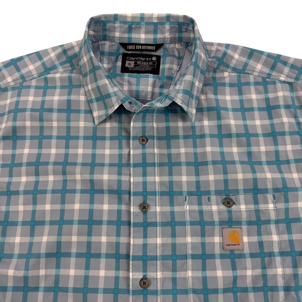 Carhartt Shirt Mens XL Blue Plaid Force Sun Defender Short Sleeve Button Up Work